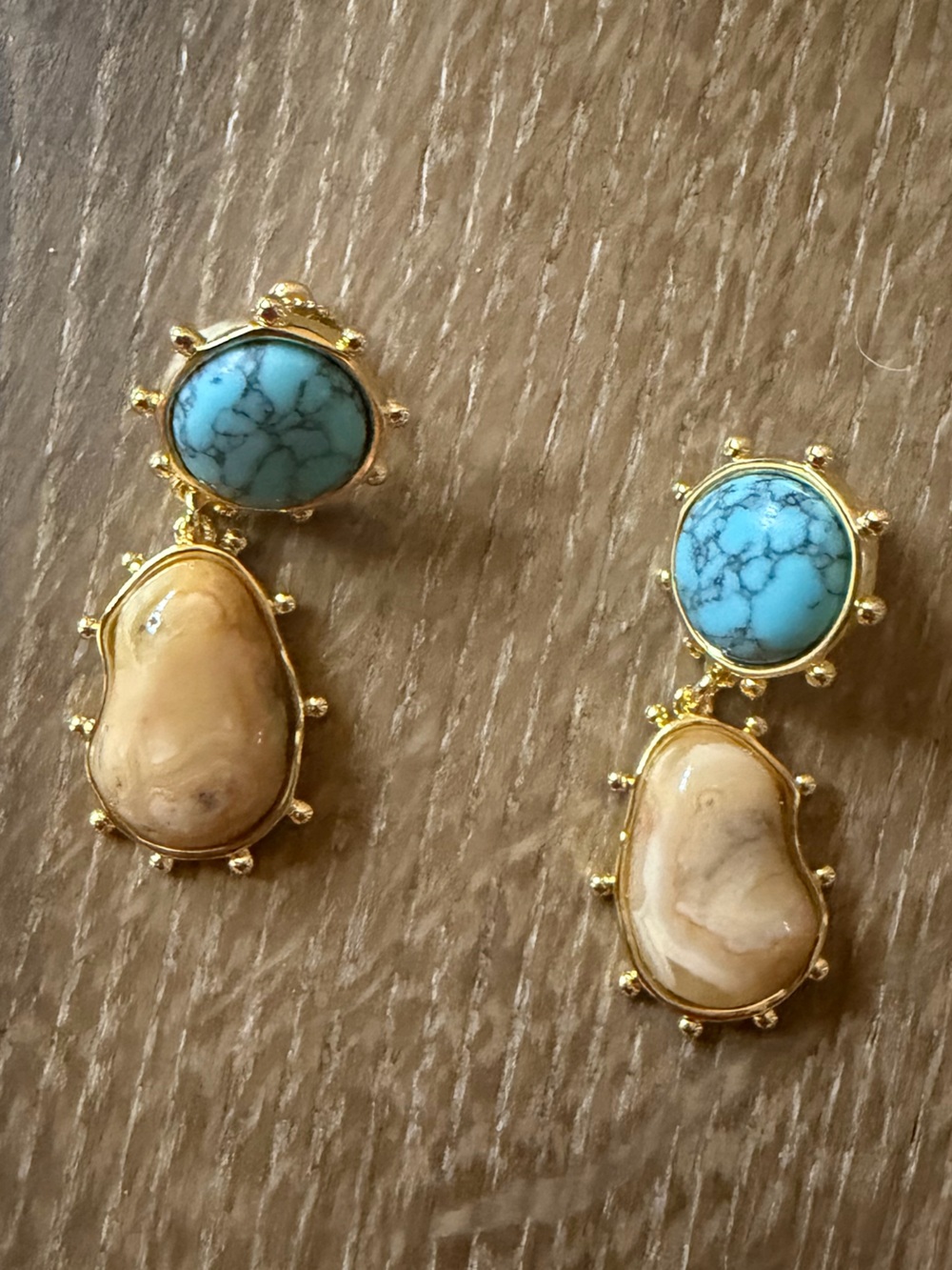 Mignonne Gavigan Gold Drop Earrings with Turquoise Blue and Sandy Beige Stones